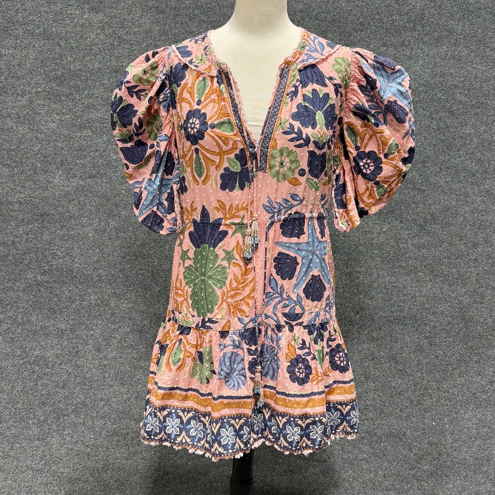 FARM Rio Dress Womens S Pink Floral V Neck Puff Sleeve Trapeze Swing Mini Boho